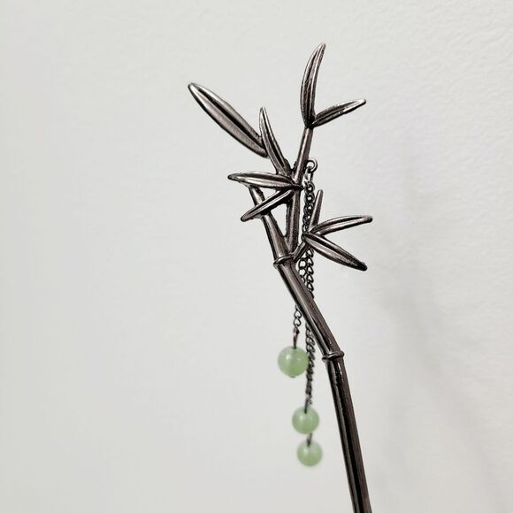 Brand New Titanium Black Bamboo With Green Jade Hair Pin - Picture 6 of 7